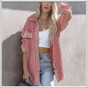 Damenjacken, Damenjacke, Damen-Langarm-dünnes Hemd, modischer Stehkragen, rosa Einreiher-Oberteil, Strickpullover im Street-Stil