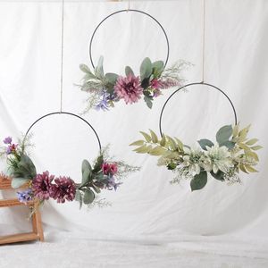 Decorative Flowers Cilected Purple Chrysanthemum Peony Artificial Wreath Green Plant Wall Hanging Iron Flower On The Window Door Party Decor