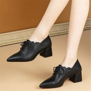 Dress Shoes PXELENA Large Size 34-45 Mules Genuine Leather Pumps Women Lace Up Square Block Med Heels Oxfords Office Lady Daily Deep