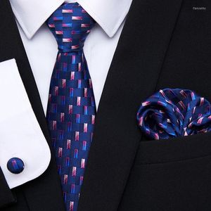 Bow Ties Marka Tasarımcı Moda Lüks İpek Tie Mavi Geometrik Erkekler için İş Resmi Boyun Tiehehandkerchiefsscifflinks