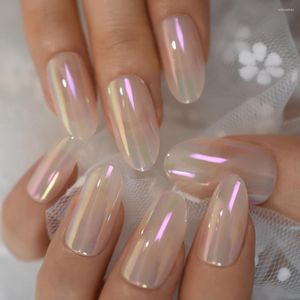 Ложные гвозди Holo Nail Aurora Neon нажатие на длинные хамелеон хромированные овальные фальшивые ультрафиолеты Бесплатная клейкая лента