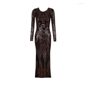 Casual Dresses 2022 Arrival Women Elegant Brown Round Neck Long Sleeve Bodycon Celebrity Evening Party Bandage