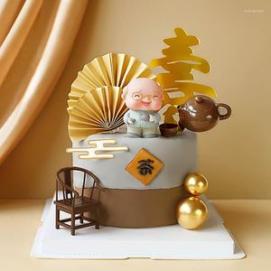 Party Supplies Grandpa Grandma Birthday Cake Topper Decoration Seat Teapot Paper Fan Dress Up Anniversary Parents Wedding Baking