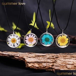 Pendant Necklaces Sale Transparent Dried Flower Glass Pendant Leather Necklace For Women Made With Love Pink Blue Long Gift Card Drop Dhobn