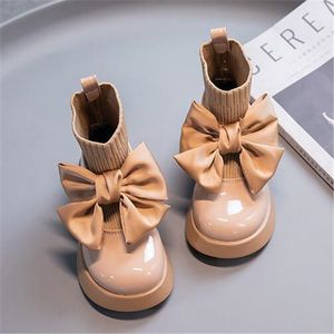 Botas de meias infantis outono moda infantil única bota de couro envernizado arco criança meninas sapatos de couro