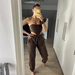 Kvinnors tvåbitar byxor Solid Summer Brown Furry Bandage Corset Tube Top Jogger Sweat Pant Suits Set Women's Tracksuit Clothing Outfits