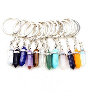 Fashion Jewelry Natural Crystal Stone Keychain Pendant Hexagon Pillar Keychains Luggage Decoration Key Chain Keyring