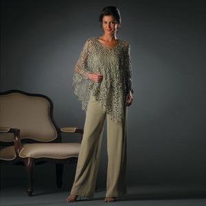 Mães de renda da moda Ternos de calça de calça com colher de casamento vestido de convidado de pescoço Três peças Plus Tamanho Mãe de vestidos de noiva