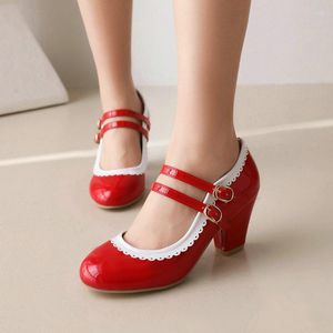 SURES BUTS Patent Patent skóra Mary Jane Pumps okrągłe palce 2 klamry design panie grube wysokie obcasy Oxford Platforma