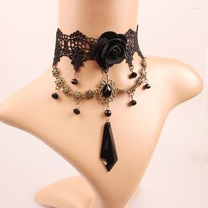 Chains Crystal Water Drop Charm Necklace Black Rose Flower Beads Tattoo Chokers For Bride Wedding Jewelry Lace Pendant Women Collar