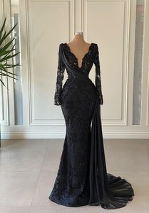Siyah zarif gece elbise uzun kollu v boyun dantel aplike payetler saten zemin uzunluğu çıkarılabilir tren seksi ünlü artı boyutu parti elbise balo elbise
