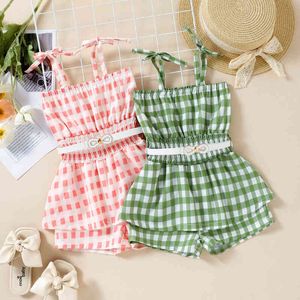 Strampler 2 Stück Kind Mädchen Mode ärmellose Playsuit Plaid Print Spaghetti Bindegurte hohe Taille Overall Shorts mit Gürtel J220922