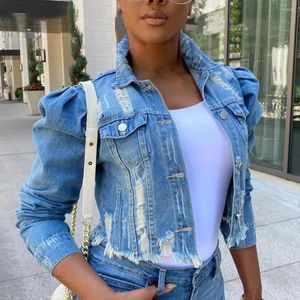 Giacche da donna Giacca di jeans blu Donna oversize 2022 Cappotto sexy con maniche a sbuffo strappato lavato Colletto rovesciato Jean monopetto Streetwear