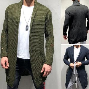 Herrtröjor Vinter 2022 Herrstickande Cardigan Solid Color Lapel Sweater Jacket High Street Long Coat Fashion Streetwear