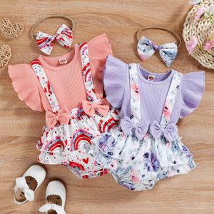 Rompers маленькие девочки летняя одежда Cartoon Flowerrainbow Print Packwork Patchwork Patchwork для комбинезон