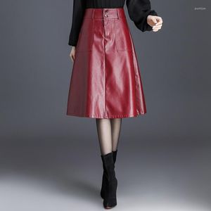 Gonne Gonna longuette elegante in pelle PU tinta unita rossa Donna 2022 Primavera Vita alta Ufficio da donna Una linea svasata Faux