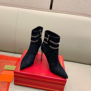 Rene Caovilla Margot ayak bileği botları süslemeli süet yılan stras stiletto topuklu yan fermuarlı nokta stiletto topuk patik lüks tasarımcı kadın akşam ayakkabıları