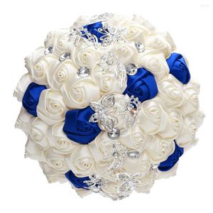 Dekorativa blommor handgjorda elfenben Royal Blue Rhinestone Bride Bridesmaid Wedding Bouquet Exquisite Ribbon Flower Många storlek W2216