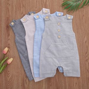 Strampler Großhandel Baby Sommer Strampler Kleinkind Neugeborenes Baby Mädchen Jungen Baumwolle Leinen Ärmellose Streifen Tasche Strampler Overalls Kleidung J220922