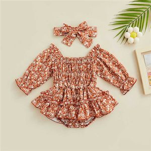 Rompers Spring Autumn Newborn baby Girls Romper pannband blommor långa ärmar Jumpsuit Kids mode babykläder J220922