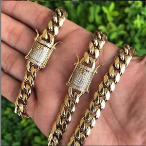 Chains Hip Hop 12MM 14MM Iced Out Rhinestone Clasp Miami Necklace Mens 316L Stainless Steel Cuban Link Chain Necklaces For Men Jewelry