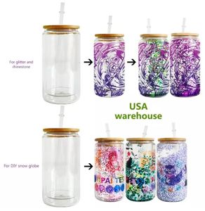 US Warehouse Sublimation Tumblers Glass Cup 12oz 16oz 20oz Double Wall Snow Globe Tumbler Blanks Bamboo Lid Beer Can Glass Mason Jar Mug With Plastic Straw GC0923