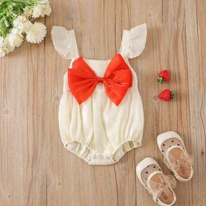Rompers Toddler Girls Jumpsuits Suit Baby Solid Color Flying Sleeve Bodysuit Summer Red Bow Decor Jumpsuits Baby Clothes J220922