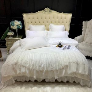 Sängkläder sätter lyx 1200tc egyptisk bomull av high-end mjuk vit prinsessa bröllopsspetsuppsättning dubbel täcke täcke lakan kuddar