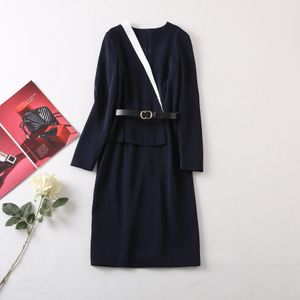 2022 Autumn Round Neck Belted Dress Blue Contrast Color Long Sleeve Panelled Knee-Length Casual Dresses 22S230011