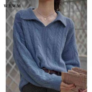 Swetery kobiet WYWM 2021 Zimowy sweter Kobiety Korean Vintage Elegancki kołnierz Turndown Sweater Sweet Solid Solid Long Rleeves Kobiety J220915