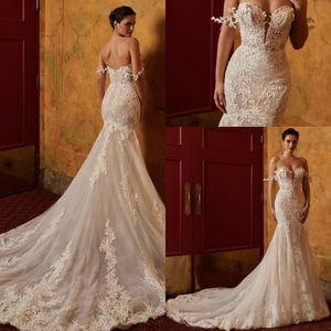 Lace Elegant Mermaid Wedding Dresses Off The Shoulder Sparkling Tulle Applique Beaded Sweep Train Arabic Bridal Gowns