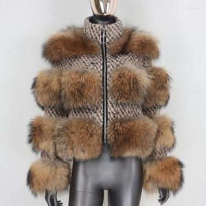 Women's Fur Women's & Faux CXFS 2022 Winter Jacket Women Real Coat Parka Natural Raccoon Wool Weave Fabric Stand Collar Warm Outerwear