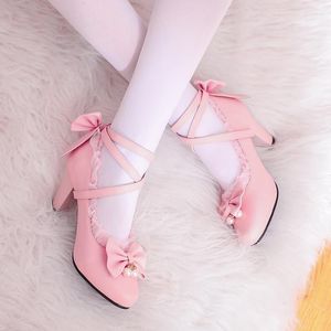 Dress Shoes 2022 Spring Women Plus Size 22-26.5cm Feet Length Tapered Heel Lace-trimmed Pearl Bow Cute Lolita Banquet