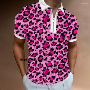 Men's Polos Men's T-shirt 2022 Leopard Print Man Clothes Short Sleeve Polo Tees Turn-down Collar Zipper Casual Slim Fit Stylish