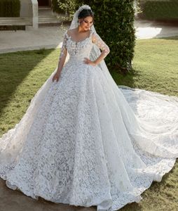 Gorgeous Arabic Dubai Wedding Dresses Bridal Gowns Beads Crystals Ball Gown Long Sleeve Full Lace Vestido de Noiva Plus Size