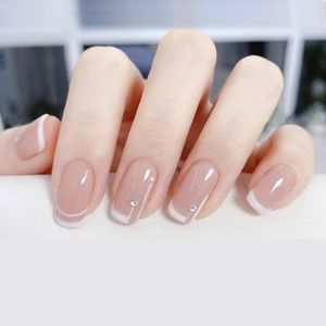 False Nails 24pcs With Rhinestones White Minimalist French Fake Nail Stickers Press On Wearable Temperament Artificial Tips