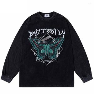 Męskie koszule Hip Hop Streetwear Butterfly Graphic Shirt Harajuku Cotton T shirt Men Long Rleeve Black White Tops Tees Autumn