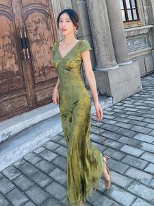 Party Dresses Summer Women's Dress Sexy Turquoise Green V-neck Backless Satin Jacquard Waist Slim Long Skirt