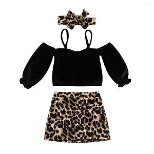 Clothing Sets 2022 Toddler Girls Casual Two-piece Clothes Set Black Solid Color Pullover Skirt And Bow Knot Headdress