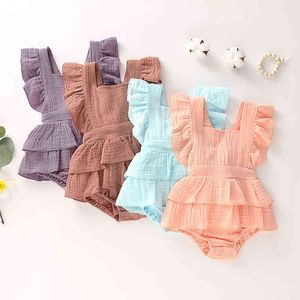 Rompers Summer 018M Infant Baby Girls Jumpsuit Cotton Baby Girls Clothes Solid Color Ruffle Sleeveless Toddler Baby Romper J220922