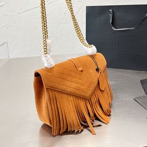 Abendtaschen Wildleder Messengerbeutel Mode Umhängetaschen Kreuzkörperbund Frauen Handtasche Dicke vergoldete Kettenbalken Metall Hardware Buchstabe Klappe Haspass Quaste Wallet Wallet Wallet