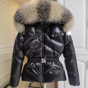 Designer feminino jaqueta puffer jaquetas com gola de pele genuína bordado crachá casaco com capuz jaqueta de inverno quente com cinto roupas de grife femininas