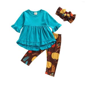 Clothing Sets Toddler Kids Festival Casual Outfits Baby Girls Thanksgiving Clothes Set Blue Ruffled Top Pumpkin Pants Leggings Headband 1-7Y