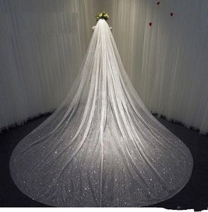 2022キラキラ光るブリングブライダルウェディングベール1レイヤースパンコール長い大聖堂の長さの手作りソフトチュールスパンコール花嫁ベールフリーコーム