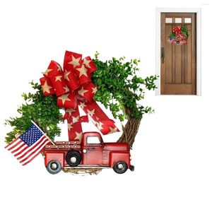 Decorative Flowers Patriotic Red White Blue Star Burlap Bow Wreath Front Door Decor Handcrafted American Stripes Stars Wreaths With