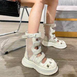 Dress Shoes 2022 Womens Round Toe Rivet Canvas Genuine Leather Mesh Ankle Boots Sandals Platform Cut Out Gladiator Japanese Harajuku
