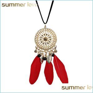 Hänghalsband Sliver ihålig drömfångare Tassel Pendant Necklace For Women Elegant Red Black Feather Bohemian Style Jewelry Gift Dhfol