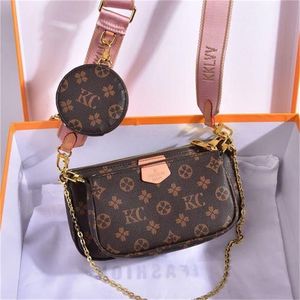 2022 mit Datumscode Echtes Leder Damentasche Handtasche Damen Geldbörse Clutch Schulter Messenger Cross Body Seriennummer Kette drei in einer Blume