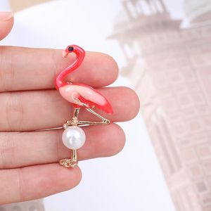 Brooches Red Enamel Pearl Flamingo Brooch Bird Animal Ladies Fashion Clothing Jewelry Accessories