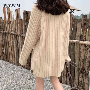 سترات النساء WYWM 2021 Midlength lebed Fashion Sweater Women Fall Loose Basic Cerical Stripes Sweates Ladies Corean Depth Jumper J220915